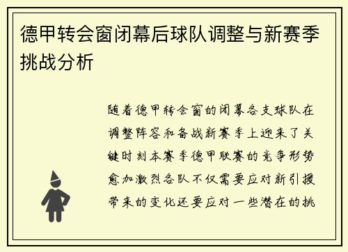 德甲转会窗闭幕后球队调整与新赛季挑战分析